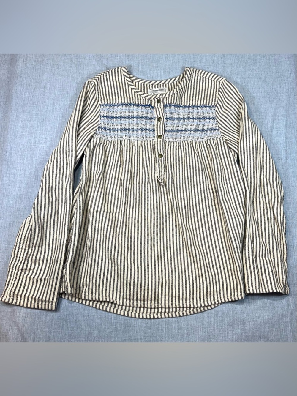 Current/Elliott Cream and Brown Striped Smocked Button Front Top with knit blue